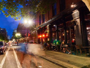 Portland downtown night life scene people walking