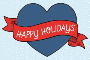 Blue heart with the red banner: Happy Holidays.