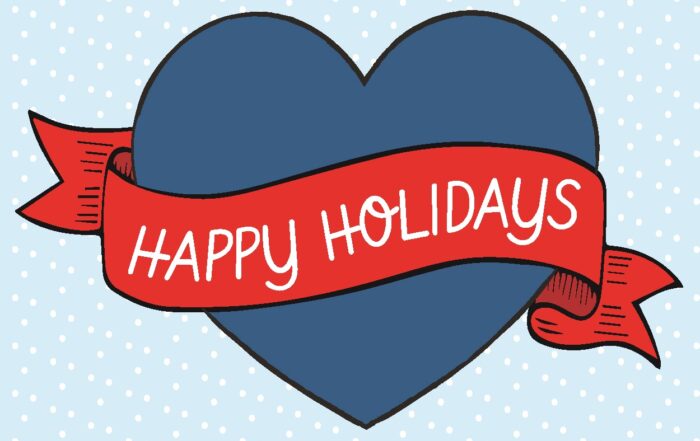 A blue heart with a red banner displaying the words: Happy Holidays.