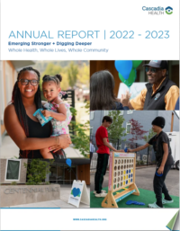 Thumbnail of the Cascadia annual report, including an adult holding a child and other images of people.