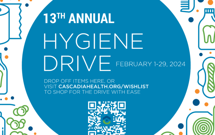 A blue circular logo with the words "13th Annual Hygiene Drive," with illustrations of hygiene items in green and blue.