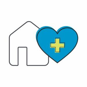 Icon of a house with a blue heart next to it. The heart has a plus sign at its center.