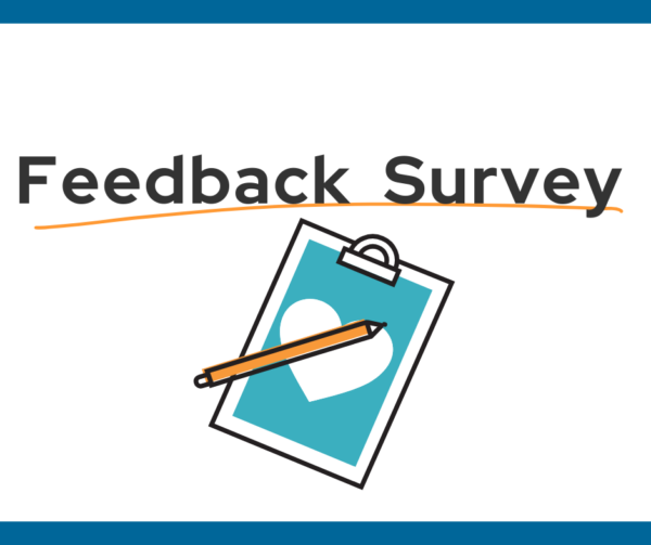 Text: Feedback survey, with an orange underline, above a clipboard with a pencil and a heart icon at its center.