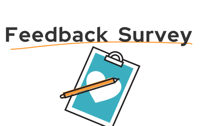Text: Feedback survey, with an orange underline, above a clipboard with a pencil and a heart icon at its center.