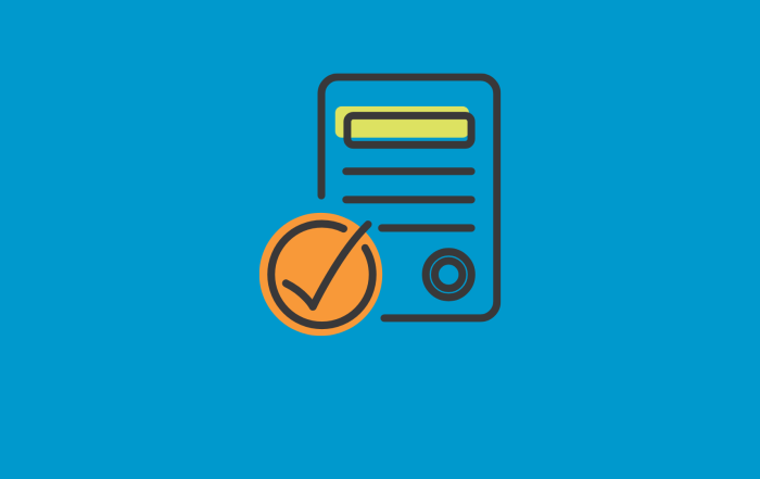 Document icon on blue background with an orange checkmark stamp indicating approval or verification of the document