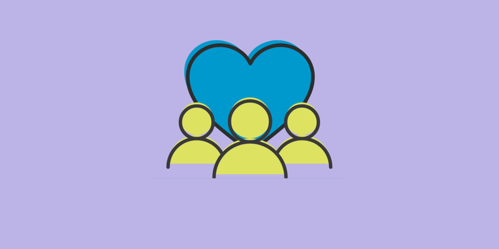 Icon of three green people in front of a blue heart against a pale purple background
