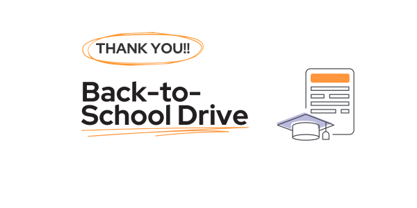 Thank you!! Back-to-School Drive banner with a graduation cap and form icon.