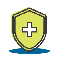 Yellow medical shield with a black cross and layered dark outlines over a blue oval shadow, symbolizing health protection.