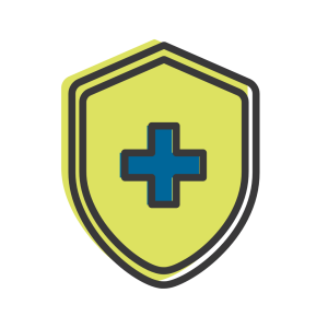 Yellow badge icon with a blue plus sign in the center.