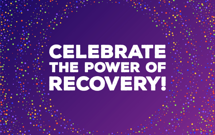 Purple image with a circular stardust pattern; white text in the middle saying "Celebrate the Power of Recovery" with the SAMHSA logo at the bottom.
